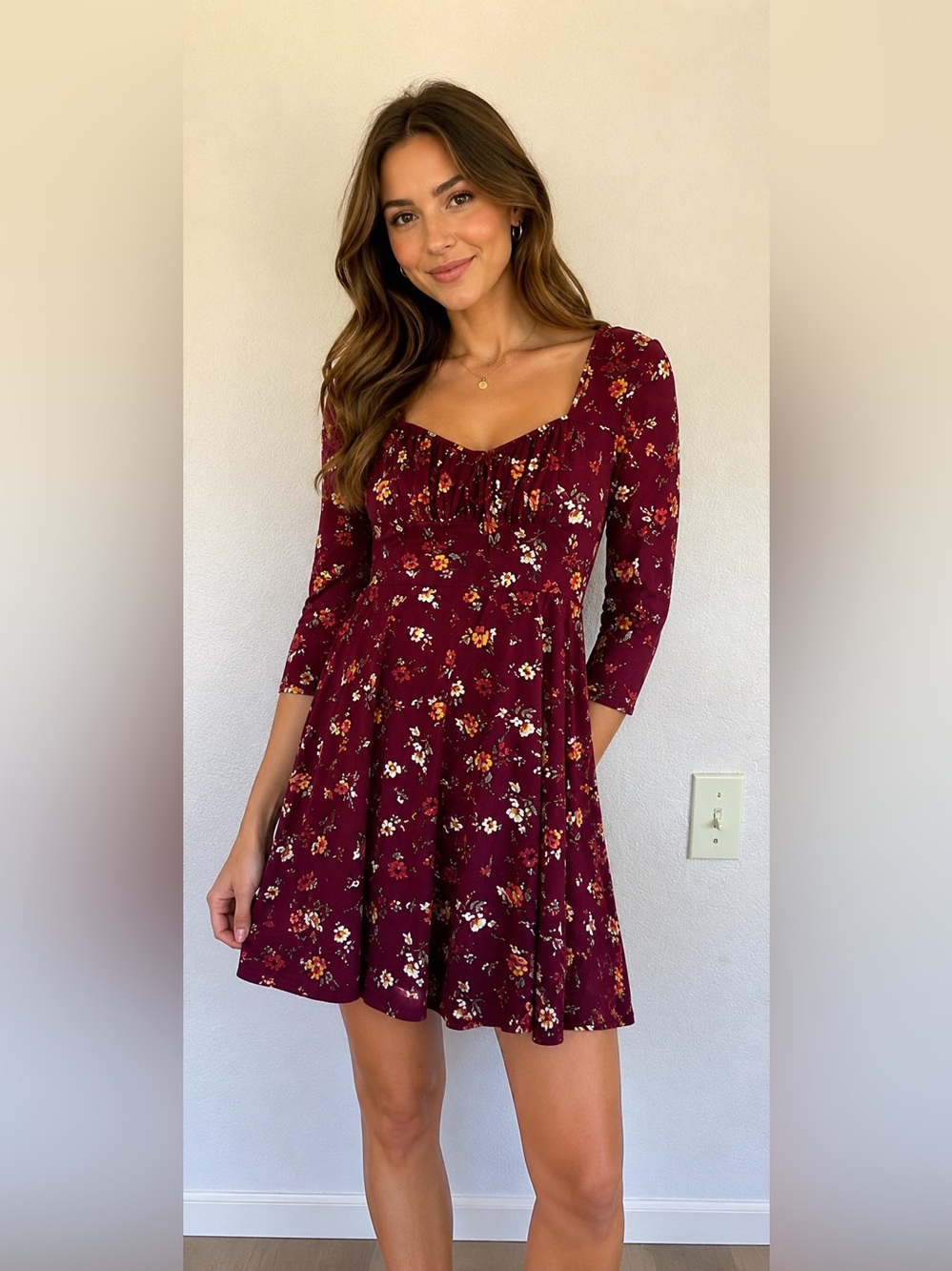 BCX Dress Maroon Floral Scoop-Neck Fit & Flare Dress size S